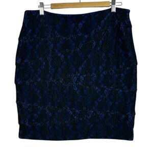 Lapis Chic Lace Overlay Side Zip Closure Pencil Mini Skirt XL Blue Black Party